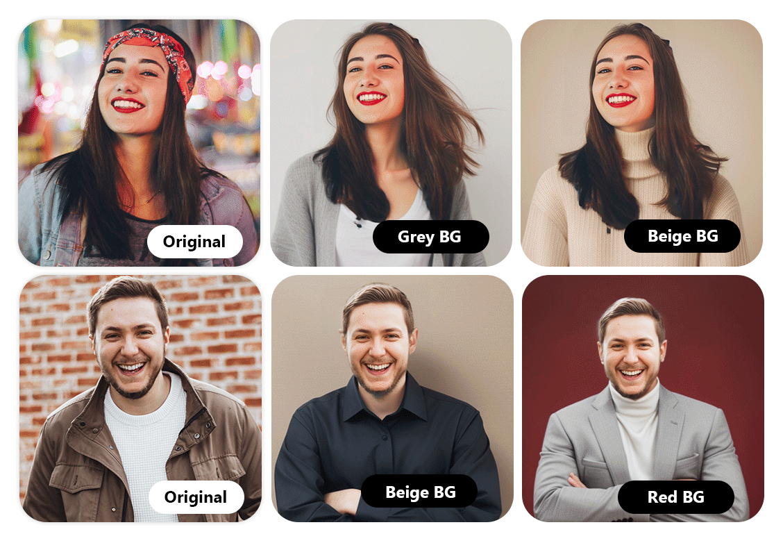 transform a woman and a man original photo to corporate headshots with PhotoDirector